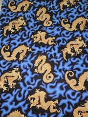 Cranston VIP Golden Dragon Oriental Blue FLAMES Cotton Fabric 2.25 Yrds X 45″ W