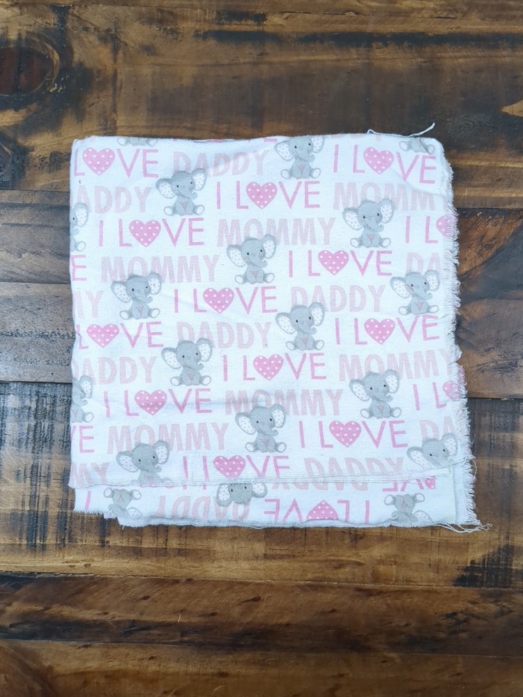 Nursery theme Fabric 20″ Flannel white with pink words and gray elephants