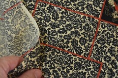 By 1/2 Yd, Vintage, Black Calico with Red on Tan Brushed Cotton/Manes, P2628