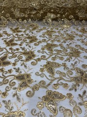 Gold Butterfly Sequin Lace 3D Embroidered Floral Mesh Couture Beaded Fabric