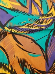 Vtg Burlington Studios Tropical Jungle Printed Fabric Teal Brown Purple 60″x72″