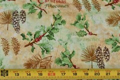 By 1/2 Yd, Green Red Brown Holly & Pinecones on Tan Cotton, Diane Richmond, P822
