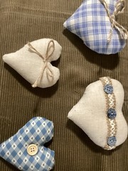 Soft Country Blue And Cream Fabric Stuffed Hearts. Embellished By Hand.