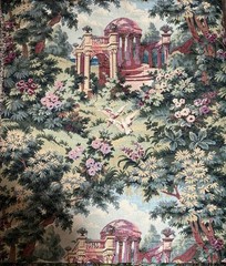 Vintage Woven Tapestry Fabric Scenic Garden Pavilion Gobelin Upholstery 7.22 Yds