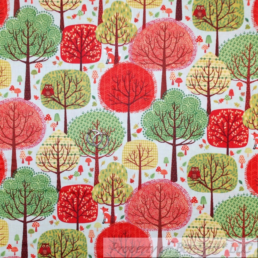 BonEful Fabric FQ Cotton Quilt Green Red White Orange Tree Leaf Fall Fox Owl Dot