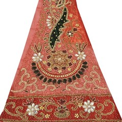 Sanskriti Vintage Design Fabric Hand Beaded Indian Craft Dark Red Patch Work