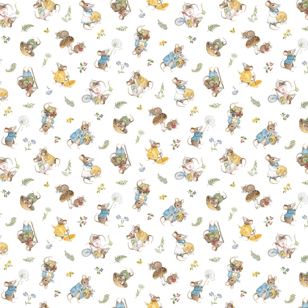 NORTHCOTT – Country Mouse by Deborah Edwards – Toss Mice – White Multi 1/4yd