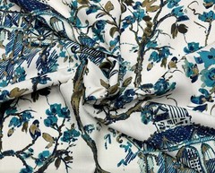 LINO TEXTILES GRACE ASIAN TEMPLE CREWEL FLORAL BRANCH FABRIC 6.75 YARDS 54″W