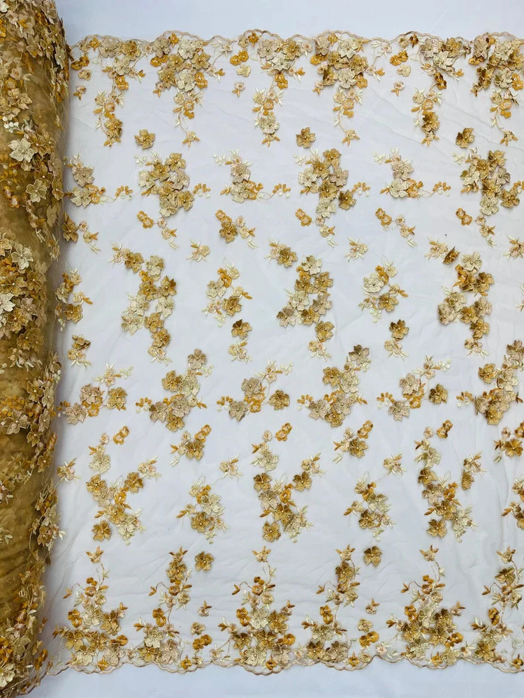 Gold 3d floral Daisy design embroider with pearls mesh lace 52″