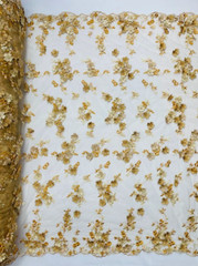 Gold 3d floral Daisy design embroider with pearls mesh lace 52″