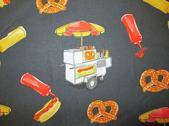 Hot Dogs Pretzels Cart Mustard Hot Dog Snacks Food Black Cotton Fabric FQ