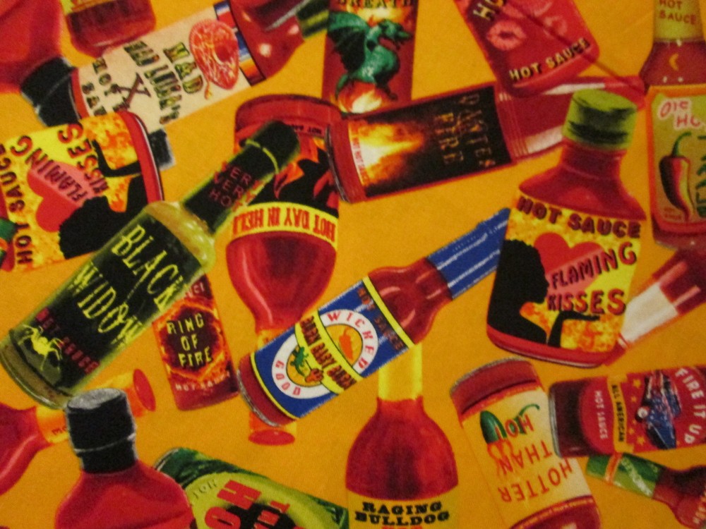HOT SAUCE BOTTLES HOT SAUCES ORANGE FOOD SNACKS COTTON FABRIC FQ