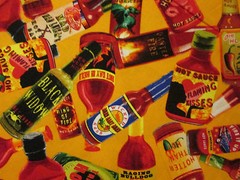 HOT SAUCE BOTTLES HOT SAUCES ORANGE FOOD SNACKS COTTON FABRIC FQ