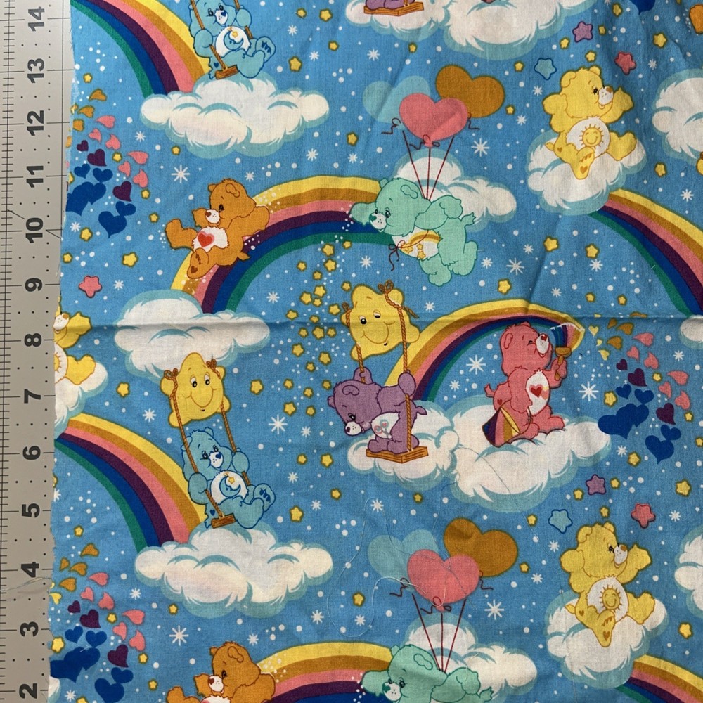 Care Bears On Blue W/ Clouds Rainbows FQ 19” X 20” Cotton Fabric Prewashed