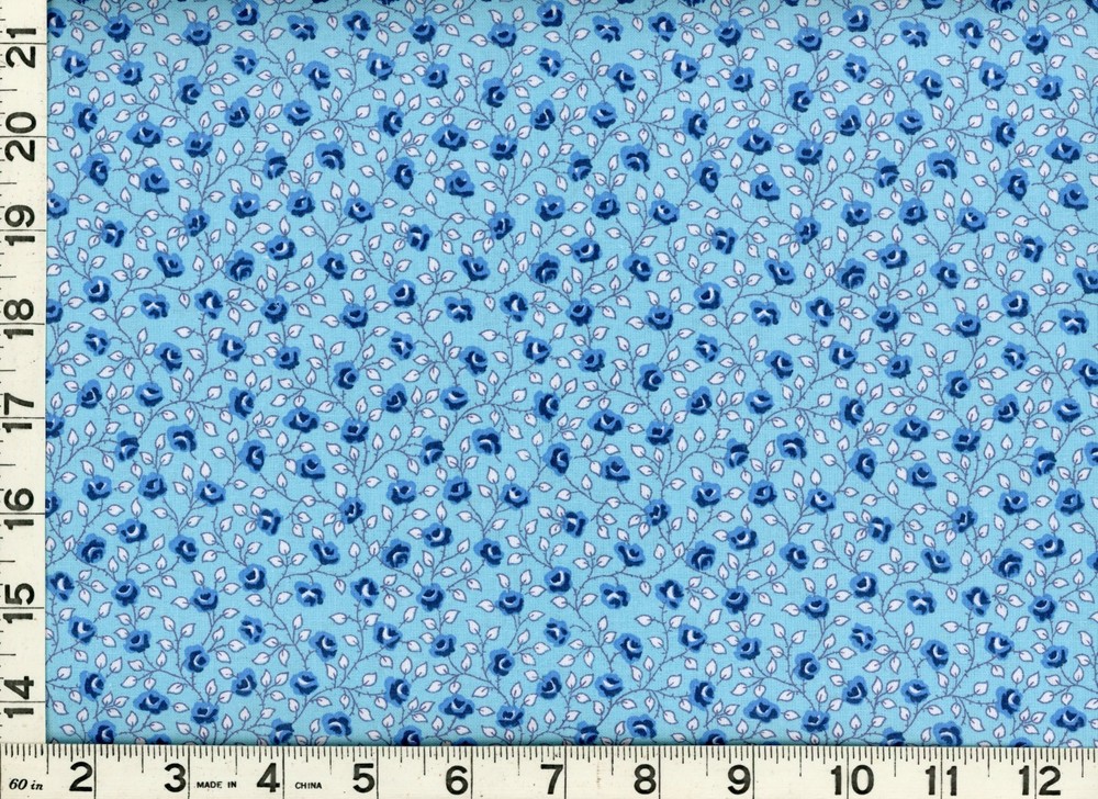 Dark Blue Roses Leafy Vines on Light Blue Quilting Sewing Fabric by Yard #750