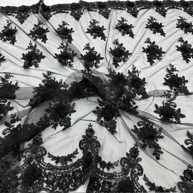Luxury 3D Floral Beaded Lace Fabric – Pearl Embellished Bridal Mesh VT-30