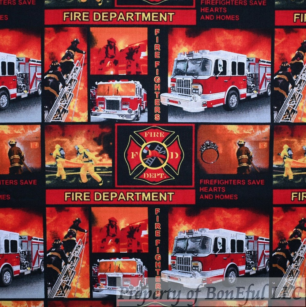 BonEful Fabric FQ Cotton Quilt Red Fire Truck Rescue Block EMS Print Hero 911 UK