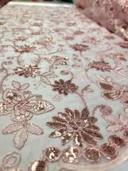 “Blush Pink Lace with Butterfly Embroidery and Sparkle – Quinceañera Fabric