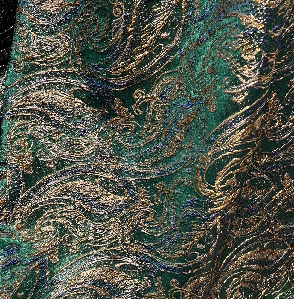 Green Gold Silver Paisley Metallic Brocade Fabric 60” Sold By The Yard