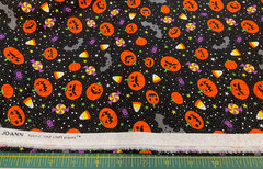 JOANN – CANDY & PUMPKIN ON BLACK METALLIC – 1 5/8 YARD
