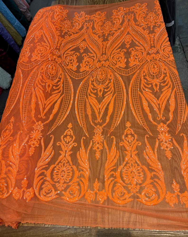 Alaina BRIGHT ORANGE Curlicue Sequins on Mesh Lace Fabric by the Yard – 10018