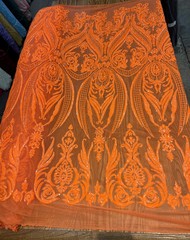 Alaina BRIGHT ORANGE Curlicue Sequins on Mesh Lace Fabric by the Yard – 10018
