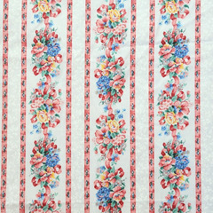 Vintage Cranston Floral Rose Bow Stripe Fabric Pink Blue Bouquet Cottagecore BTY