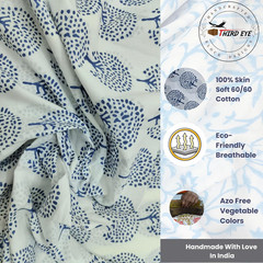 Indian Hand Block Print 60/60 Blue 100% Cotton Fabric by the Yard, Lightweight F