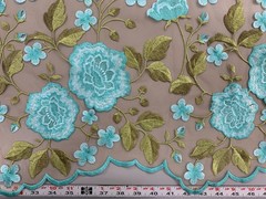 Iris TURQUOISE Floral and Leaves Embroidery on Mesh Lace Fabric by the Yard – 1