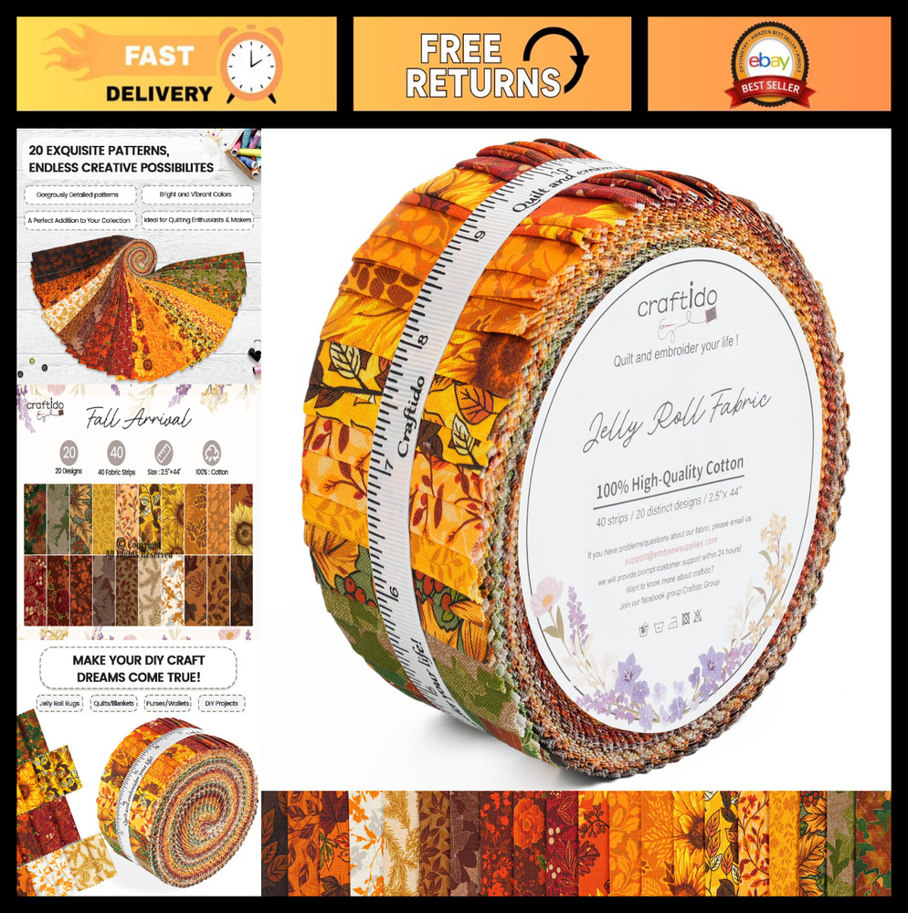 100% Cotton Jelly Roll Fabric Strips – 40 Assorted 2.5″ x 44″ for Quilting & DIY