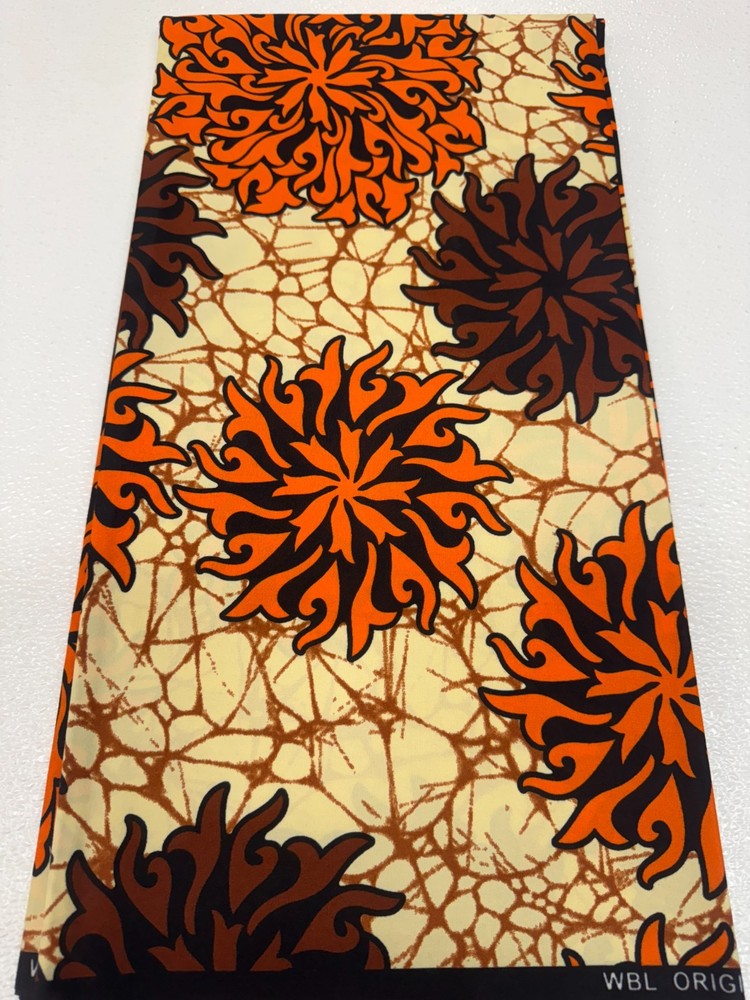 Polyester African Wax Prints Fabrics-Orange Dark Brown Cream Black
