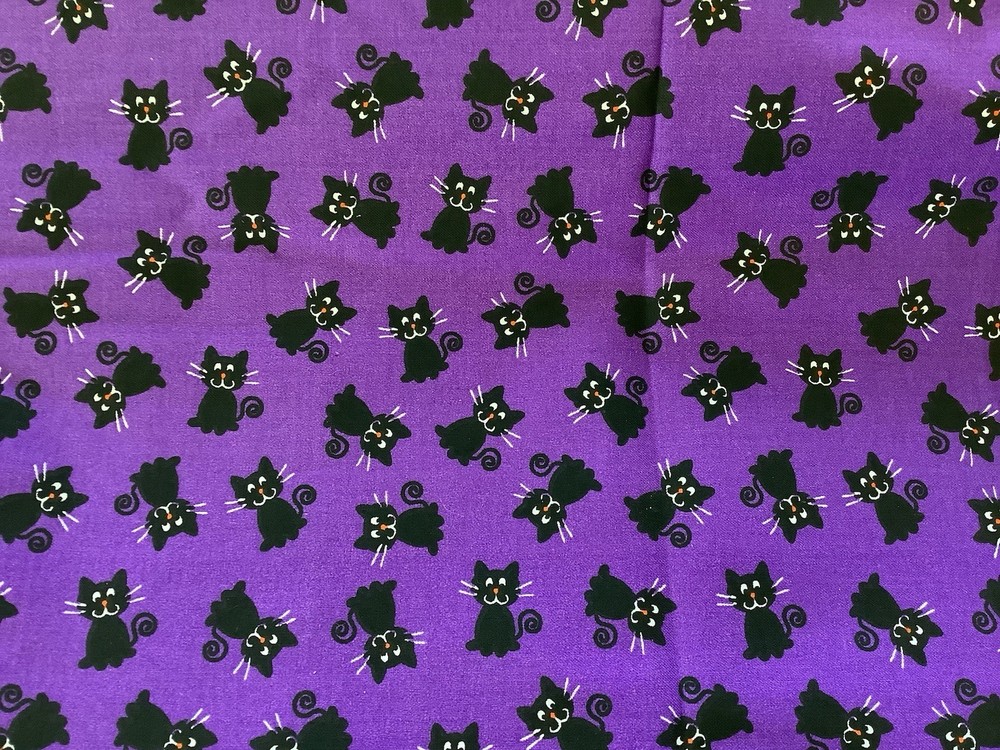 2 Yards Kitty Cat Cotton Fabric Black Cats On Purple Background New