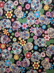 Day of the Dead Sugar Skull Cotton Fabric – Black Floral Print – 44” W X 30” L