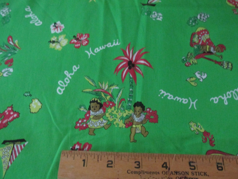 3yards x44″ Hawaiian Textile Fabric Green Aloha Hawaii Design Hula Dancer flower