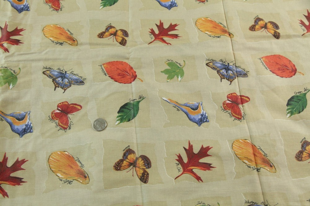 7Y 90s Erlanger Blumgart Ecological Squares Tan Cotton Fabric Leaves Butterflies
