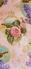 Joann Fabric Victorian Birds, Flowers, Butterfly Pink Polka Dot Gold Filigree