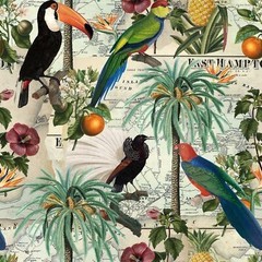 Vintage Vacation Tropical Birds Cotton Fabric (1 Yard)