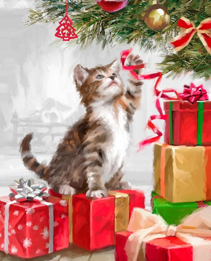36x44in Fabric Panel | David Textiles | Kitten w/Ribbon Under Christmas Tree
