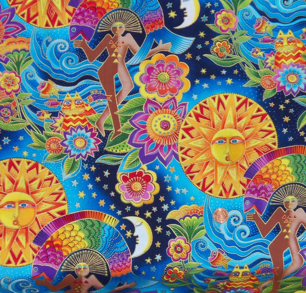 Pretty ~Celestial Dreams~ Laurel Burch Lt Blu Fabric Suns Moons less than 1/2 YD