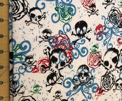 2010 Bones Skulls and Roses on White 29” X 42” Flannel fabric #2637a
