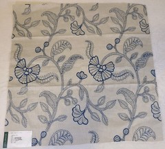 G P & J Baker Fabric Sample Blue Tan 100% Linen 20 1/2″ X 20 1/2″ Embroidered