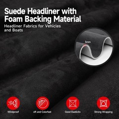Black Suede Headliner Fabric 96″ L x 60″ W – Foam Backing for Car, Truck, SUV, R