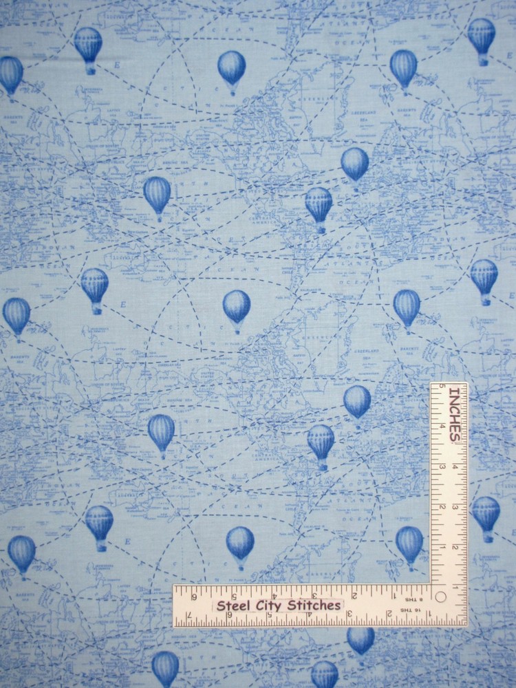 Hot Air Balloon Adventure Blue Map Fabric By the Yard Cotton Windham