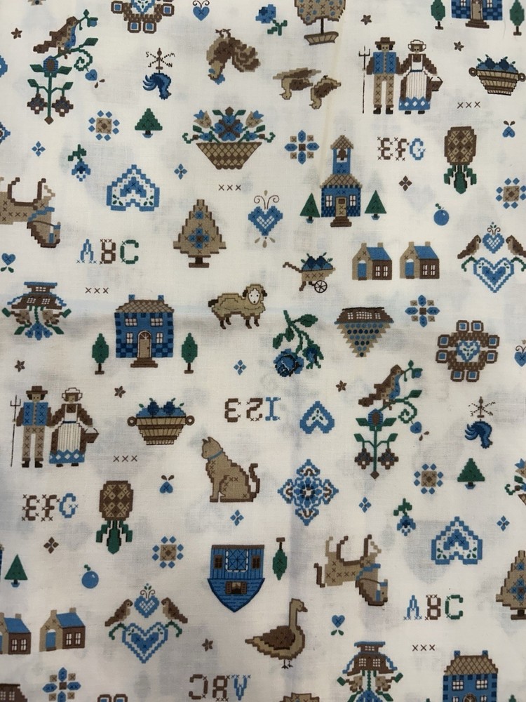 Vtg Cranston Fabric Cross Stitch Print Sampler Country Folk Art on Cream 1.75yd