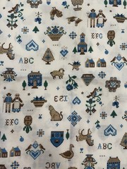 Vtg Cranston Fabric Cross Stitch Print Sampler Country Folk Art on Cream 1.75yd