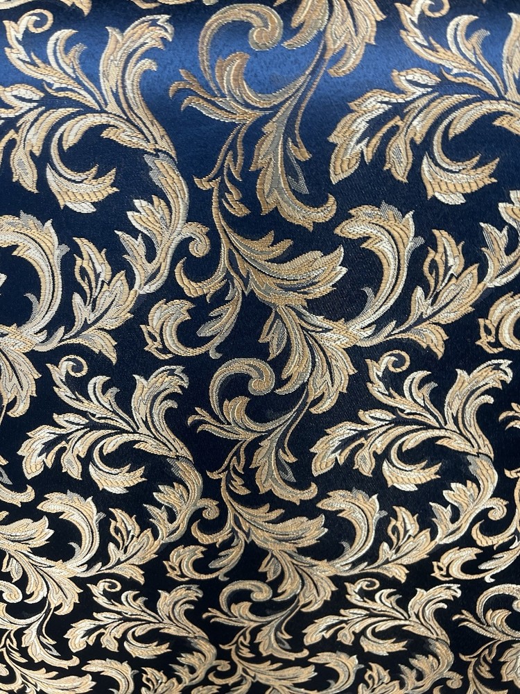 Midnight Blue / Gold Damask Jacquard Brocade Fabric (116in.) Sold By The Yard