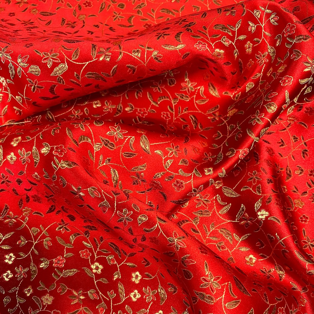 Vivienne RED GOLD Floral Brocade Chinese Satin Fabric by the Yard – 10041