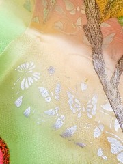 Vintage Japanese Furisode kiomono fabric silk 63” X 14” Multicolor Floral v308