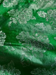 Kelly Green & Silver Floral – Faux Silk Brocade Jacquard Fabric