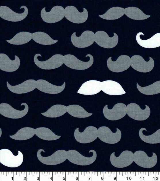 1/4 Yard 9”x42” Navy Blue Gray White Mustache Print Cotton Quilt Fabric